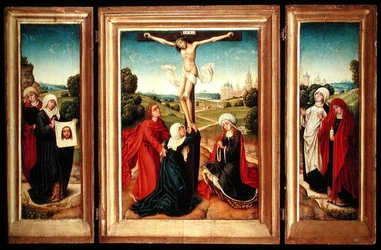 Trittico con il pannello centrale che raffigura la Crocifissione con la Vergine, San Giovanni e Maria Maddalena; l