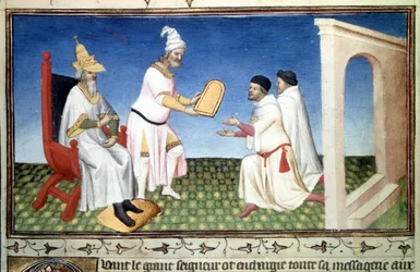 Marco e Maffeo Polo ricevono doni da Kublai Khan. Miniatura tratta da «Il libro delle meraviglie» («Descrizione del mondo», «Il Milione») di Marco Polo (1254-1324) (Ms. 2810, Folio 3v), miniata dal Maestro della Mazarine, circa 1410-1412