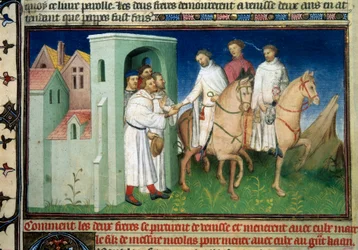 Matteo e Niccolò, i fratelli Polo che lasciano Venezia. Miniatura tratta dal Libro delle Meraviglie di Marco Polo