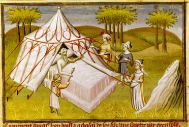 Il leader mongolo Gengis Khan sul letto di morte che dà le sue ultime raccomandazioni ai suoi figli, c.1410 (miniatura)