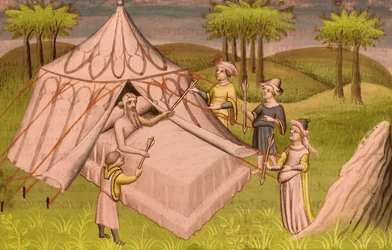 Il condottiero mongolo Gengis Khan sul letto di morte mentre dà le sue ultime raccomandazioni ai figli, 1410 circa