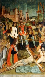 Cristo inchiodato alla croce con un donatore con il braccio in una fascia presentato da un sacerdote