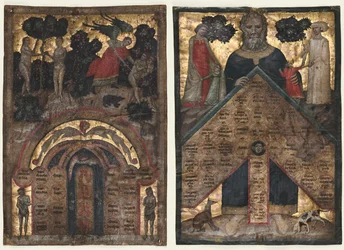 Foglie da un volume di Johannes Andrea "Lectura super arboris consanguinitatis et affinitatis: Tabella di affinità e tabella di consanguineità"