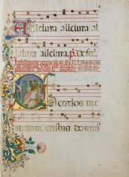 Foglio di manoscritto con la celebrazione di una messa in una iniziale S