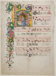 Foglio di manoscritto con la Natività in una iniziale H, da un Antifonario