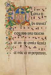 Foglio di manoscritto con la Trinità in una iniziale G, da un antifonario, seconda metà del XV secolo