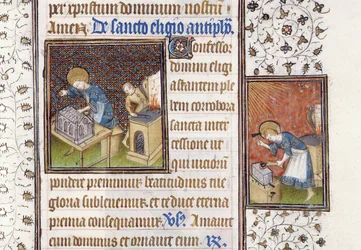 Ms 62 f.215r San Eligio che realizza un Santuario; San Eligio all