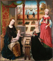 "Vergine con bambino e donatore, bambino che gioca con un filo o dei gioielli; Santa Barbara dietro il donatore; paesaggio sullo sfondo (olio su tavola)