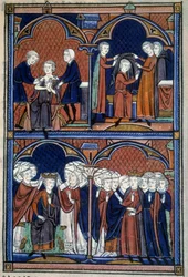 Ordine della consacrazione e incoronazione dei re di Francia: Il re con la tunica, il mantello e la corona su cui tutti i pari posano le mani; l