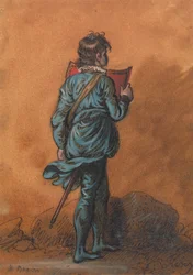 Un paggio in blu con uno scudo rosso