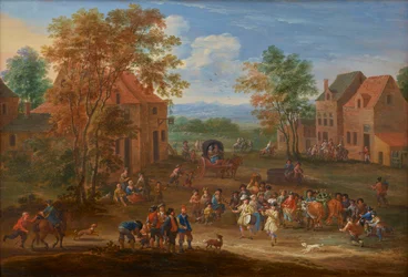 Paesaggio di villaggio con processione del bue pasquale, 1650-90 circa (olio su tavola)