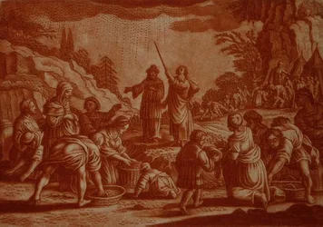 Gli Israeliti che Raccolgono la Manna, illustrazione da una Bibbia, inciso da Gabriel Bodeneer (1673-1766) (incisione seppia)