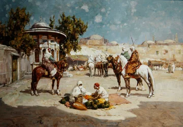 Guerrieri arabi in una piazza del mercato, c.1910