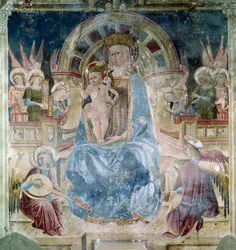 Madonna col Bambino circondata da santi e angeli. Affresco di Matteo da Gualdo