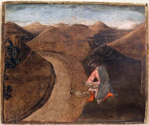 Leggenda di Romolo e Remo: Amulio depone i gemelli sul Tevere. Dipinto di Matteo di Giovanni (1430-1495), tempera su legno, 28,5 x 34 cm. Arte italiana XV secolo. Musee des Beaux Arts de Libourne