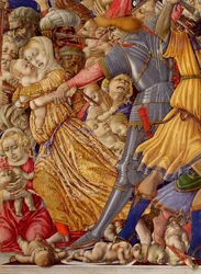 La strage degli innocenti (dettaglio di un soldato che si prepara a pugnare un bambino e il massacro circostante, 1482)