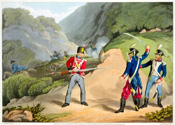 Un soldato britannico che cattura due ufficiali francesi alla battaglia dei Pirenei, 1813-1816