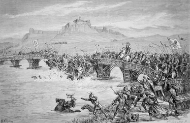 Il crollo del ponte durante la battaglia di Stirling Bridge, nel 1297, inciso da Roberts