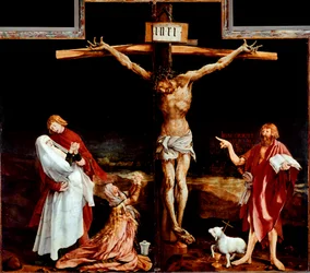 Pala di Issenheim (o Isenheim): pannello centrale raffigurante la Crocifissione - Iscrizione «INRI» sulla croce - Dipinto su legno di Mathis Neithardt Gothardt, detto Matthias Grünewald (ca. 1480-1528), 1512-1516, dimensioni 269 x 307 cm, Colmar, Musée