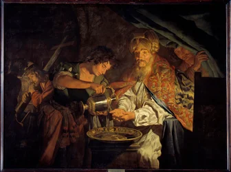Ponzio Pilato (Pontius Pilatius) si lava le mani. Ponzio Pilato (10 a.C.-39 d.C.), prefetto della Giudea, ritenendo inutile condannare Gesù Cristo, si lava le mani per significare il suo dissenso - Dipinto di Mathias Stomer (Matthias Stom) (1600-1650)