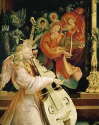 Un angelo che suona il violoncello (pittura su legno di tiglio)