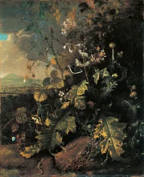 Pavimento della foresta con farfalle e lucertole
