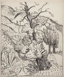 Albero sul pendio di una montagna, 1930 circa (pennello, inchiostro e carboncino su carta bianca vergata)