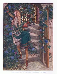 Ermentrude salì le scale e colse le rose, illustrazione da Le Fiabe di Lady Ann, 1914