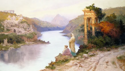 Figure vicino a un fiume con rovine classiche