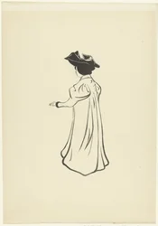 Donna in piedi con cappello e braccio teso