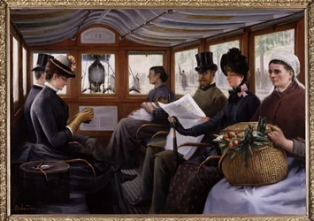 Passeggeri in un omnibus, c.1900