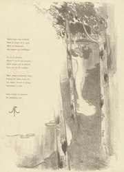 Illustrazione con donna nuda in piedi tra alberi presso un lago per la poesia Petit Air di Stéphane Mallarmé