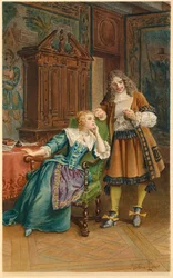 Moliere legge una nuova commedia ad Armande Bejart (illustrazione)