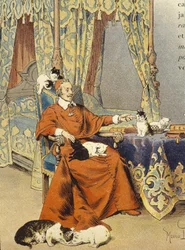 Il Cardinale gioca con i suoi gatti che amava particolarmente - in "Richelieu" di Maurice Leloir, inizio XX secolo