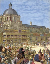 Il Carosello Reale (torneo di cavalieri), tenuto nel 1662, davanti al Palazzo delle Tuileries a Parigi sotto Luigi XIV conosciuto come il Re Sole (Re Sole o Luigi il Grande)