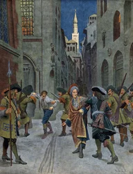 Guerra di successione spagnola: la cattura di François de Neufville de Villeroy (1644-1730) durante la presa di Cremona da parte delle truppe del Principe Eugenio (Eugenio Francesco di Savoia (1663-1736), nel 1702. Cromotipografia in 
