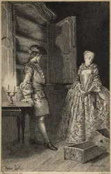 La scoperta del furto - in "Histoire de Manon Lescaut et du chevalier Des Grieux" di Abbé Prévost (1697-1763), scrittore francese. Incisione da disegni di Maurice Leloir (1885).