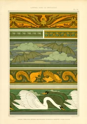 Bordi di animali con aquile, pipistrelli, scoiattoli e cigni (litografia)