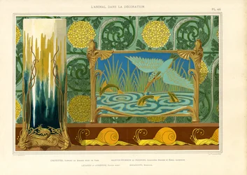 Decorazione Art Nouveau con uccelli acquatici, pesci e lumache (litografia)