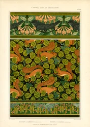 Ornamento Art Nouveau con uccelli, scoiattoli ed elementi floreali (litografia)