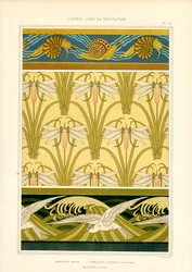 Bordi e motivi di superficie con animali marini, libellule e gabbiani (litografia)