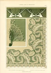 Ornamenti decorativi con cervi e creature marine (litografia)