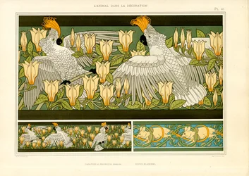 Fregi decorativi con cacatua, magnolie e topi