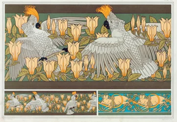 Progetto per bordura da carta da parati con cacatua e magnolia, pubblicato nel 1897