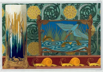 Progetti per supporto di vaso in bronzo, carta da parati e bordo, e giardiniere in smalto e bronzo