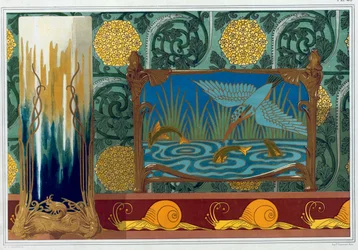 Progetti per supporto di vaso in bronzo, carta da parati e bordo, e giardiniere in smalto e bronzo "Gambero", "Lumache", "Lucertole e Biancospino", "Martin pescatore e pesce", da 