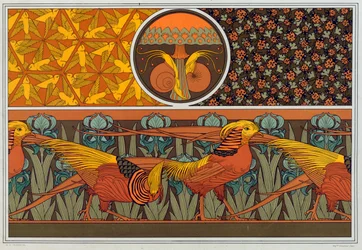 Progetti per bordo di carta da parati e tessuto: Uccelli, Coccinelle e Capelvenere, pub. 1897
