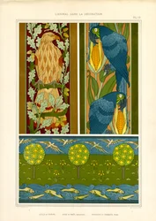 Bordi ornamentali con aquila, pappagalli e fregio paesaggistico (litografia)