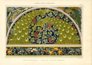 Motivi di pavone e lepre come composizione decorativa Art Nouveau