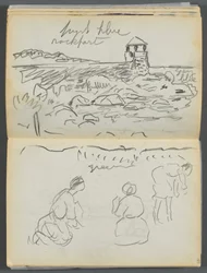 Libro di schizzi - Il Granite Shore Hotel, Rockport, pagine 124 e 125: Faro di Rockport e figure sulla spiaggia